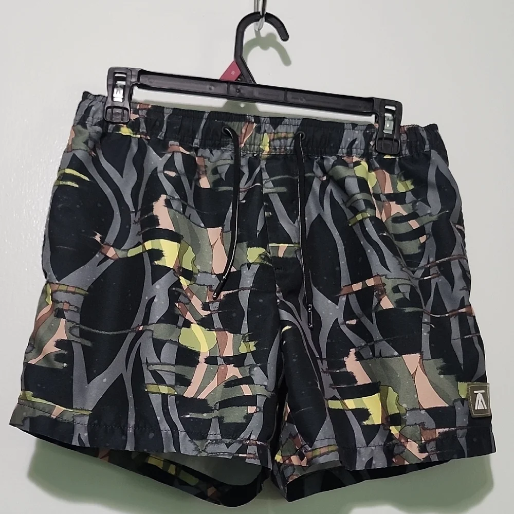 Topman Camouflage Swim Trunks - Black, Green, Tan